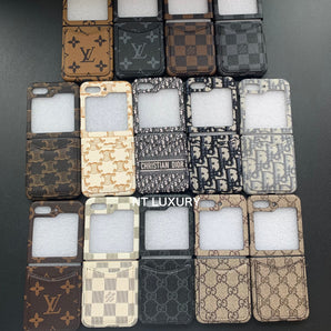 Vintage-Hülle mit Blumenmuster für die Z-Flip-Serie mit Tasche (braunes Gittermuster) 